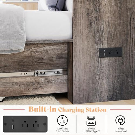 AMERLIFE Twin Murphy Bed Cabinet with Charging Station and Storage Drawer, Farmhouse Foldable Platform Bed for Home Office, Apartment, Small Spaces, Rustic Grey AMERLIFE