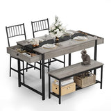 GarveeHome Dining Table Set for 4, Small Kitchen Table and 2 Chairs for 4 with Bench, Space Saving Kitchen Table Set with Storage Rack & Drawers, Breakfast Nook Rectangular Farmhouse Table Set, Grey GarveeHome