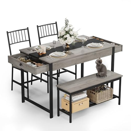 GarveeHome Dining Table Set for 4, Small Kitchen Table and 2 Chairs for 4 with Bench, Space Saving Kitchen Table Set with Storage Rack & Drawers, Breakfast Nook Rectangular Farmhouse Table Set, Grey GarveeHome