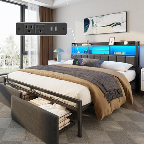 Furnulem King Bed Frame with Wood Headboard & Storage Drawers, Metal Platform Bed Frames King Size with LED Lights, Built in Charging Station, No Box Spring Needed, No Noise, Easy Assembly, Black Furnulem