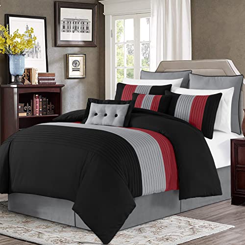 Chezmoi Collection Loft 8-Piece Luxury Striped Comforter Set (King, Red/Black/Gray) Chezmoi Collection