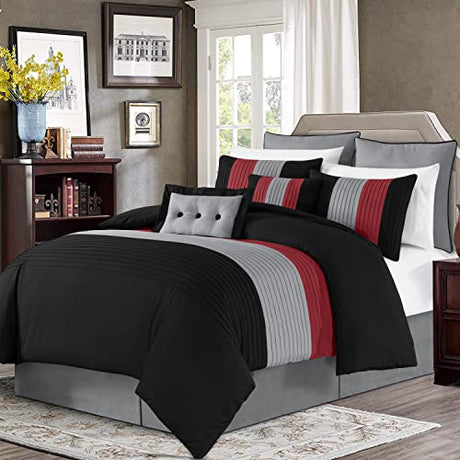 Chezmoi Collection Loft 8-Piece Luxury Striped Comforter Set (King, Red/Black/Gray) Chezmoi Collection