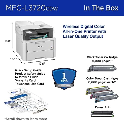 Brother MFC-L3720CDW Wireless Digital Color All-in-One Printer with Laser Quality Output, Copy, Scan, Fax, Duplex, Mobile Includes 4 Month Refresh Subscription Trial ¹ Amazon Dash Replenishment Ready Brother