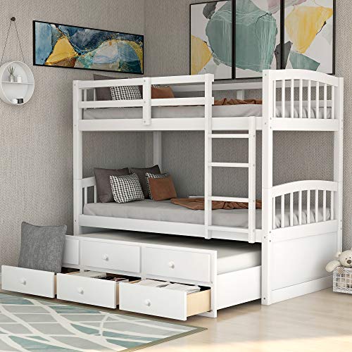 Ball & Cast Twin Size Bunk Bed with Ladder and Safety Rail,Twin-Szie Trundle Wood Bunkbed w/Slat Support & Solid Pine Legs,Space Saving,Bedframe Furniture for Student Dorms,Studio,White Ball & Cast