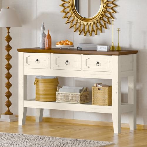 IDEALHOUSE 47in Long Console Table, Farmhouse Narrow Entryway Sofa Table with Drawers and Bottom Shel for Living Room Entrance Foyer, Rustic White IDEALHOUSE