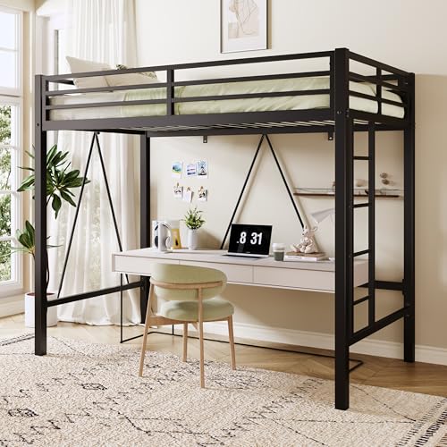 Allewie 72 Inches Tall Loft Bed Twin Size with Ladder and Safety Guardrail for Teens and Adults, Heavy Duty Metal Single Loft Bed for Small Space, Noise Free, Black Allewie