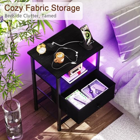 LOAKEKEL Nightstand with Charging Station, End Table with Fabric Drawer, LED Night Stand for Bedroom, Small Bed Side Table with USB Ports and Outlets for Living Room, Black, HETS01BK-1 LOAKEKEL