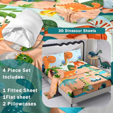 NiuOne 3D Cartoon Dinosaurs Kids Queen Sheets 4Pcs Dinosaurs Bed Sheets,3D Dinasour Pillowcases Decoration Bedroom Bedding Set Queen Size NiuOne