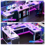 U Shaped Desk, 79" Reversible L Shaped Desk and Long Gaming Desk with Storage Shelf & Power Outlets & LED Lights, Corner Computer Desk with Monitor Stand and Side Storage Bag for Home Office, White TROPOW