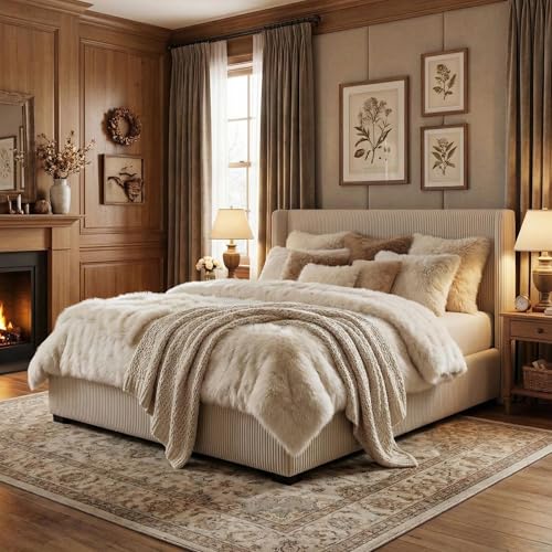 GarveeHome Queen Size Bed Frame with Storage Drawers, Corduroy Upholstered Platform Bed with Wingback and Tufted Headboard, No Box Spring Needed, Beige GarveeHome