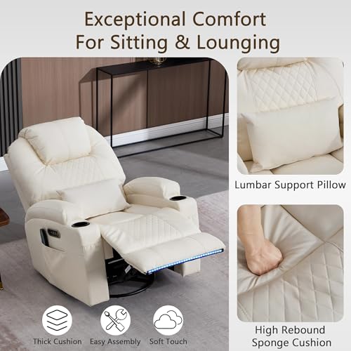 Dual Motor Power Swivel Rocker Recliner Chair with Heat and Massage,Electric Glider Rocking Chairs for Nursery,Theater Seating with LED Lights, USB A/USB C Ports for Living Room (1, Beige)