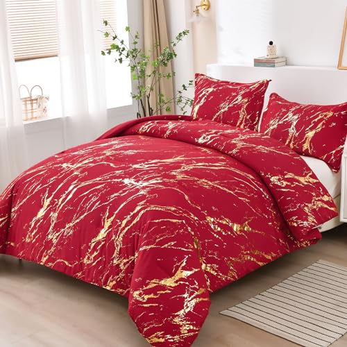 WONGS BEDDING Red Gold Metallic Marble Comforter Set King,Red Christmas Bedding Sets with 2 Pillowcases for All Seasons, Soft Microfiber Filling Bedding Duvet Set 103"x90"