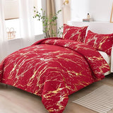 WONGS BEDDING Red Gold Metallic Marble Comforter Set King,Red Christmas Bedding Sets with 2 Pillowcases for All Seasons, Soft Microfiber Filling Bedding Duvet Set 103"x90"
