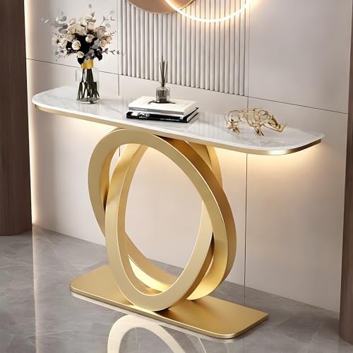 WOOOFA Marble Console Table, 39.4'' Modern Entryway Table with Sensor LED Light, Luxurious and Highly Decorative, Long Sofa Table for Living Room, Entrance, Hallway, White and Gold WOOOFA