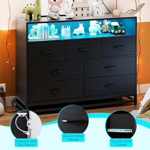 Black Dresser for Bedroom, Wooden Modern 7 Drawers Long Dresser with Charging Station and Led Lights Design, Large Capacity Storage Chest of Drawers, Wide Dresser for Living Room, Hallway