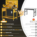 Work Bench, Ferreteriai 47" Heavy Duty Workbench with Power Outlet & USB-C, Exclusive Yellow Side Battery Holder, Adjustable Height, 2100LB Capacity, Locking Wheels for Garage Workshop Ferreteriai