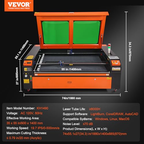 VEVOR 130W CO2 Laser Engraver, 35 x 55 in, 19.7 IPS Laser Cutter Machine with 2-Way Pass Air Assist, Compatible with LightBurn, CorelDRAW, AutoCAD, Windows, Mac OS, Linux, for Wood Acrylic Fabric More VEVOR
