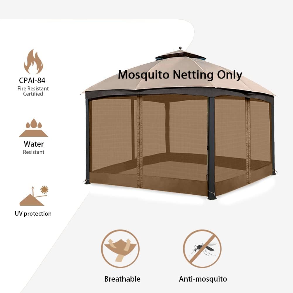 10' x 12' Gazebo Replacement Mosquito Netting, Gazebo Universal Netting Outdoor, 4-Panel Screen Walls Privacy Curtain for Outdoor Patio with Zipper (Brown)