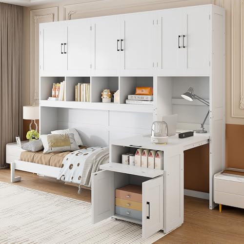 Merax Horizontal Murphy Bed Cabinet Twin Size with Desk & Small Closet & Cabinet with Doors & Open Storage Shelves, Twin Hidden Murphy Wall Bed with Storage for Living Room, White Merax