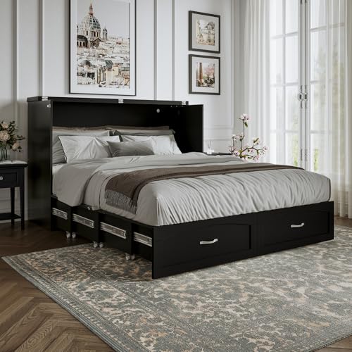 AFI, Marion Queen Wood Murphy Bed Chest with 6" Mattress, Storage Drawer, & Built-in Charger, Black AFI