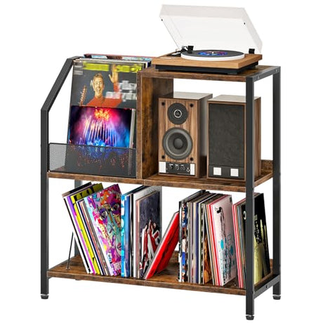 CHOEZON Large Record Player Stand, Vinyl Record Holder, Vinyl Display Rack, Rustic Turntable Display Stand, for Books, Rustic Brown and Black TCW08BF CHOEZON