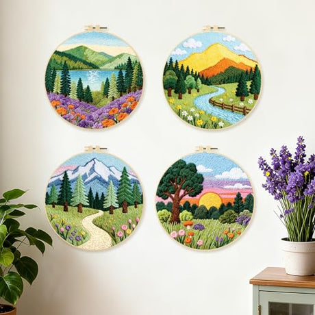 BEUNITONE 4 Set Embroidery Kit for Beginners, Beautiful Forest Scenery Patterns Cross Stitch Kits, Needlepoint Kits for Adults with Hoop, Hand Embroidery Patterns for Cloth and Home Decor BEUNITONE