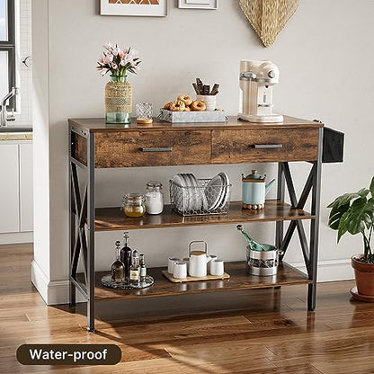 Gizoon 39" Rustic Brown Industrial Console Table with 2 Drawers and 3-Tier Storage Shelves - WoodArtSupply