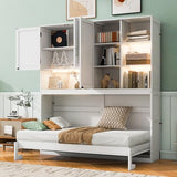 SOFTSEA Twin Murphy Bed with Storage Bookcase and Shelves, Space-Saving Horizontal Wall Bed with LED Light & Charging Stations for Small Spaces, Living Room, Guest Room, Bedroom, Office, White SOFTSEA