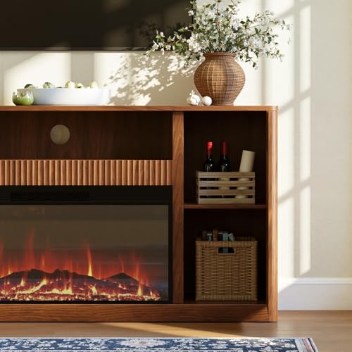 Evermagin 67" Walnut Fluted Fireplace TV Stand for TVs up tp 75", Mid-Century Modern Entertainment Center with Storage Cabinets and Doors, Wood Media TV Consoles for Living Room and Bedroom Furniture Evermagin