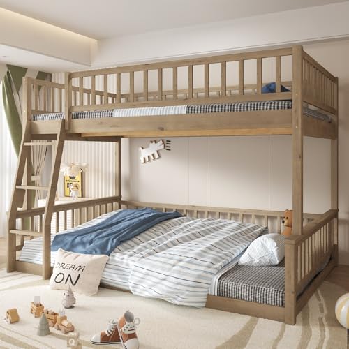Merax Full XL Over Queen Floor Bunk Bed, Kids Bedroom Brown Wooden Bunk Bed Frame, Convertible to 2 Separated Beds with Trundle, Ladder & Guardrail for Teens, Wood Slat Support, Easy Assembly, Brown Merax