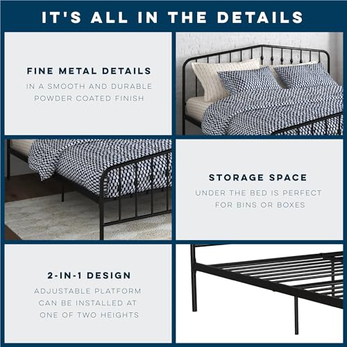 Novogratz Bushwick Modern Metal Bed, Slightly Triangular Headboard and Footboard with Inset Spindles, Adjustable Base Height for Underbed Storage, Requires No Box Spring, King Size - Black Novogratz