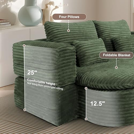 IZLKQC 75'' Folding Sleeper Sofa Bed, Convertible Memory Foam Boneless Couch, Foldable Full Size Guest Bed, Modern 2-in-1 Futon Floor Sleeper Sofa with 4 Pillows and Blanket (Corduroy, Green) IZLKQC