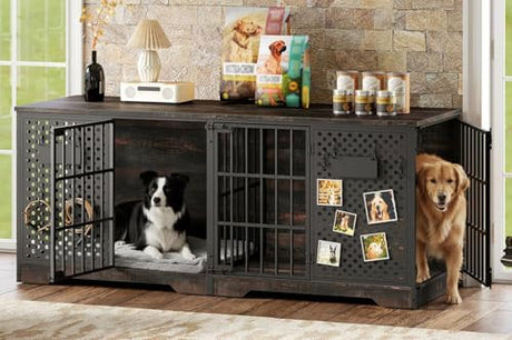 HOOBRO 71" Dog Crate Furniture for 2 Large Dogs, Heavy Duty Indoor Kennel with Removable Divider & Name Tags, TV Stand Cage Furniture for Medium & Large Dogs, Charcoal Gray & Black BC84GW03 HOOBRO