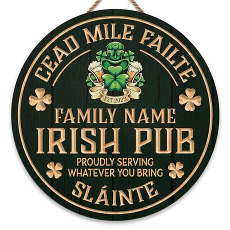 Artsy Woodsy St. Patrick's Day Decor Personalized Irish Pub Wooden Sign (Not Real Carved) Wall Art Plaque Accessories, Vintage Rustic Home Bar Sign, Céad Míle Fáilte Lucky Charms Shamrock Celtic (22) Artsy Woodsy