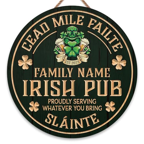 Artsy Woodsy St. Patrick's Day Decor Personalized Irish Pub Wooden Sign (Not Real Carved) Wall Art Plaque Accessories, Vintage Rustic Home Bar Sign, Céad Míle Fáilte Lucky Charms Shamrock Cel - WoodArtSupply