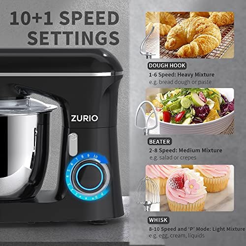 Stand Mixer, Zurio 6 Quarts Electric Mixer, 10-Speed Tilt-Head Food Mixer with Stainless Steel Bowl, Dishwasher-Safe Attachments for Home Baking