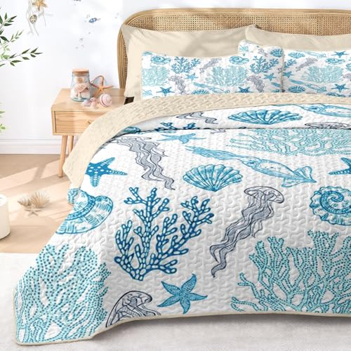 Pamnest Quilt Set Twin Size, Ocean Beach Nature 2 Pcs Soft Bed Cover Bedding Set, Sea Animal Coastal Lightweight Bedspread Coverlet with Pillow Sham for All Season Pamnest