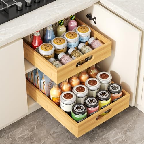 1PCS Pull Out Cabinet Organizer, Bamboo Wood Slide Out Drawers for Kitchen Cabinets,Heavy Duty Sliding Drawers for Cabinets,Adhesive Nano Film Shelves Drawers for Home (16.54" D x 11.82" W x  - WoodArtSupply