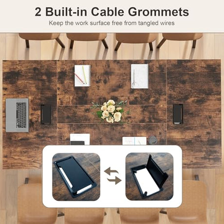 GOFLAME 8 FT Conference Room Table, Large Meeting Desk Seats up to 10 People, 2 Cable Grommets, Rectangle Seminar, Business Table, Training for Office, Boardroom, Rustic Brown + Black GOFLAME
