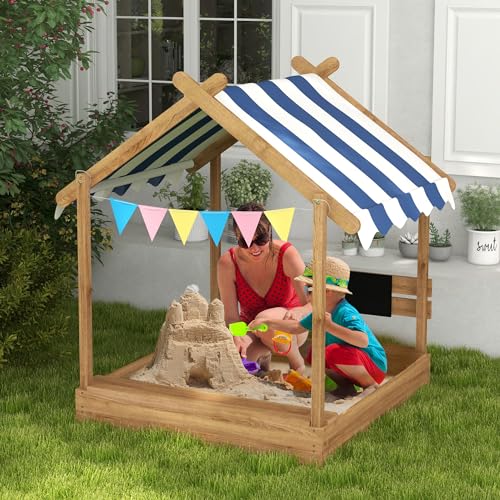 Outsunny Wooden Sandbox with Canopy, Kids Sand Pit with Liner, Blackboard, Sink, Playset, Flags, House Design, Outdoor Sandbox for 3-7 Years Old, 49" x 46" x 57.5", Brown Aosom