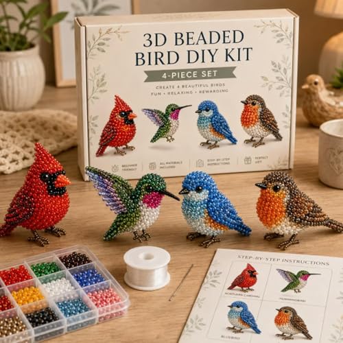 DIY 3D Animal Bead Embroidery Kit, 4pcs Bird Beading Crafts with Instructions, Cute Bead Art Handmade Bird Gift for Beginners & Craft Enthusiasts
