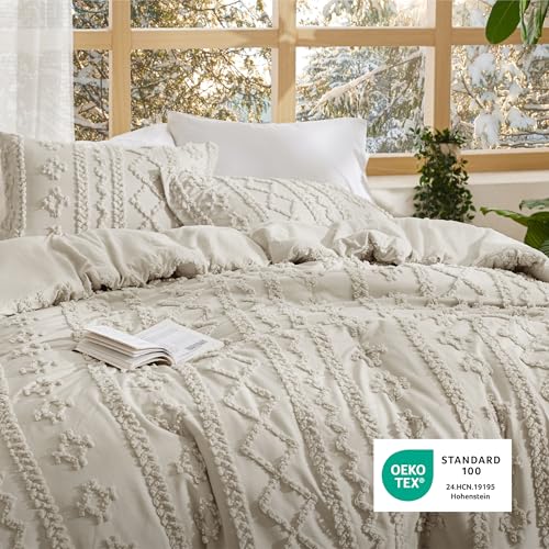 Bedsure Tufted Boho Comforter Set Twin Size - Linen Boho Bed Set, GentleSoft™ 2 Pieces Farmhouse Shabby Chic Embroidery Bedding, Gifts for Woman, Soft Jacquard Twin Comforter for All Seasons Bedsure