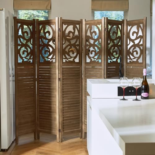 Room Divider Wood Carved Wall Divider Indoor Folding Portable Partition Screen for Home Office Garden Terrace - 6 Panel, 67 * 90inch (Dark Brown) Svimi