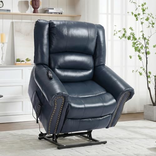 EZZUP Genuine Leather Power Lift Recliner Chair, Lazy Boy Recliner Chair with Charging Ports for Living Room Theater Seating, Electric Single Sofa with Round Armrest, Blue