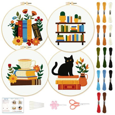 BEUNITONE Flower Embroidery Kit for Beginners 4 Pack Embroidery Starter Kit for Adult Cat Plant Books Pattern Stamped Cross Stitch Set with Instructions Embroidery Hoops Easy for DIY Craft 7.9''