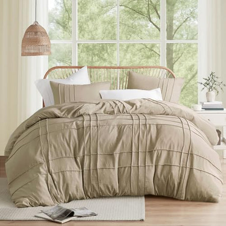 Comfort Spaces Khaki Twin Size Comforter Set - 2 Pieces Pintuck Pleated Bedding Sets, All Season Lightweight, Extra Softness Pre-Washed Microfiber Twin Bed Set, Shams, Twin Comfort Spaces