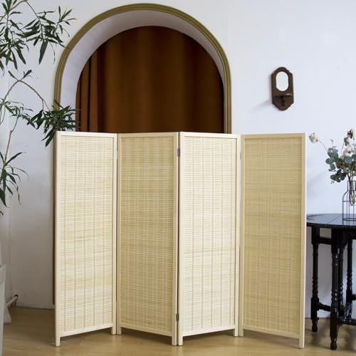 Pawlabay 4 Panel Short Panel Divider Screen,3.95 FT Tall Bamboo Room Divider Folding Privacy Screen,Short Panel Divider Freestanding Room Divider for Room Seperation,Beige PawlaBay