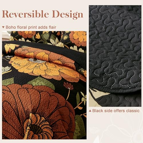 Tyrot 3 Piece Black Boho Floral Full/Queen Quilt Sets Reversible Farmhouse Botanical Lightweight Bedspread Coverlet with 2 Shams Mid Century Microfiber Bedding Quilts Set for All Season,90''x96'' Tyrot