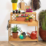 Best Choice Products Outdoor Garden Potting Bench, Wooden Workstation Table w/Cabinet Drawer, Open Shelf, Lower Storage, Lattice Back - Natural Best Choice Products