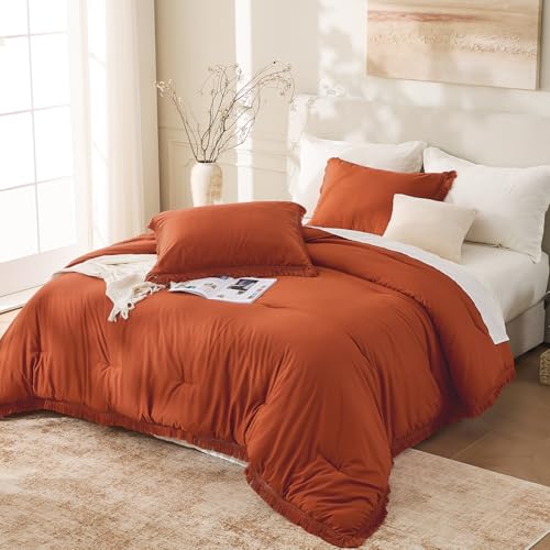 Andency King Size Comforter Set Burnt Orange, 3 Pieces Boho Terracotta Soft Lightweight Bedding Comforter Sets, Rust Tassel All Season Bed Set (104x90In Comforter & 2 Pillowcases) Andency